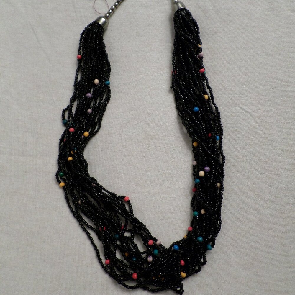 Womens Black Beaded Necklace with Multi Strands and Multi Colored Mixed Beading - Picture 1 of 5